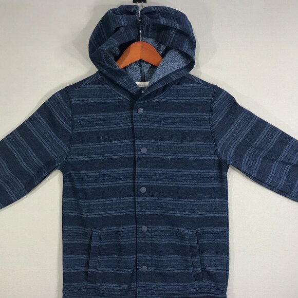 Old Navy Hoodie Shacket Boys Large 10-12 Blue Striped Jacket Snap Button Pockets - Picture 8 of 12